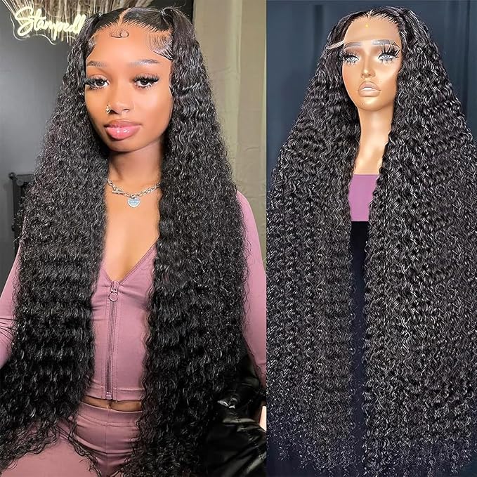 34 Inch Deep Wave Lace Front Wigs - Human Hair, 13x6, 200 Density HD Full Lace, Glueless, Deep Curly, Natural Color