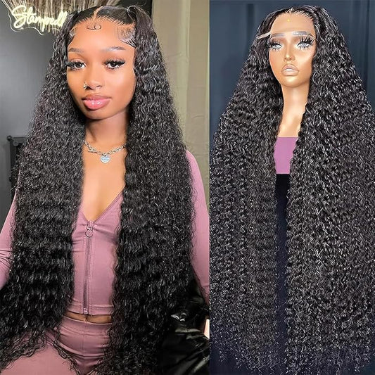 34 Inch Deep Wave Lace Front Wigs - Human Hair, 13x6, 200 Density HD Full Lace, Glueless, Deep Curly, Natural Color