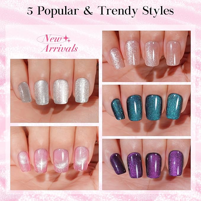 Cat Eye Press on Nails Short 5 Styles, Jofay Fashion 120Pcs Salon-Like Fake Nails with Glitter Galaxy Chasing Light Cat Eye Designs, Artificial Acrylic Nails Gel Glue on Nails Stick on Nails for Women