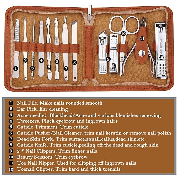 FAMILIFE Manicure Set, Pedicure Kit Nail Clipper Set 13pcs Professional Men Grooming Kit and Men and Women 12 Pieces Grooming Kit with Luxurious Leather Travel Case