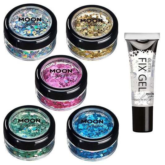 Holographic Glitter Shapes by Moon Glitter – 100% Cosmetic Glitter for Face, Body, Nails, Hair and Lips - 0.10oz - Set of 5 colours