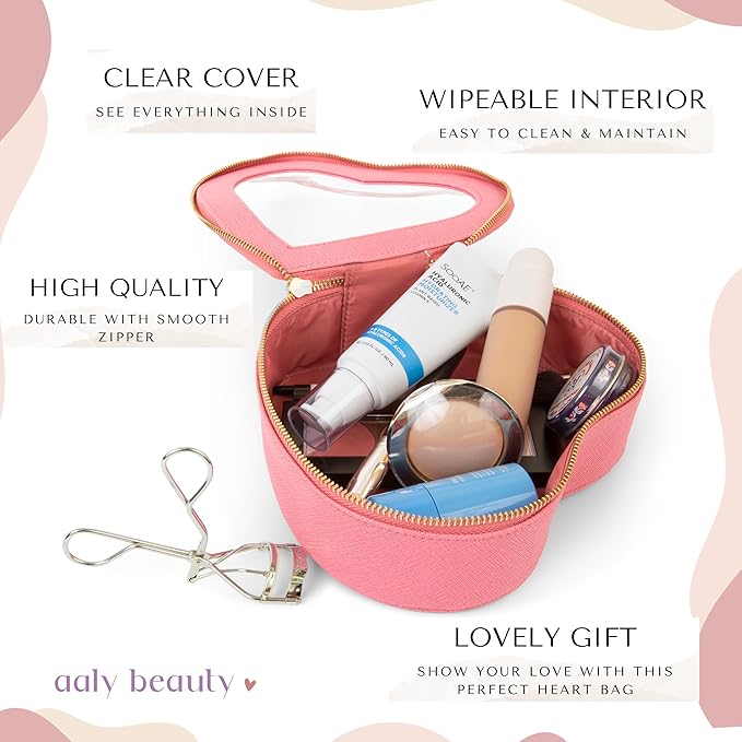 Heart Makeup Bag – Pink Heart Cosmetic Bag with Clear Cover – Gift Ideas for Women, Mom, Girlfriends, Her - Large Capacity for Full Size Makeup, Skincare and Brushes