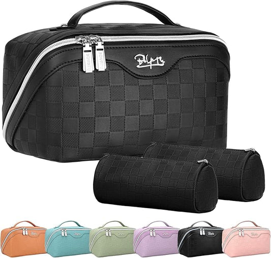 Travel Makeup Bag Organizer Cosmetic Bag: 3 Pcs Set Make up Bags for Women with Handle - Waterproof Vegan Leather Toiletry Bags with Comparments (Black)