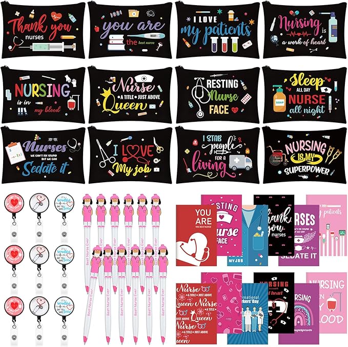 Yeaqee 48 Pcs Nurse Week Gifts 2025 Nurse Appreciation Gifts Set Include Makeup Cosmetic Bag Pocket Journal Notebooks Ballpoint Pens Badge Reel for Nursing Students Supplies(Black,Nursing)