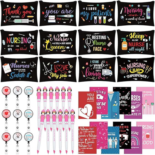Yeaqee 48 Pcs Nurse Week Gifts 2025 Nurse Appreciation Gifts Set Include Makeup Cosmetic Bag Pocket Journal Notebooks Ballpoint Pens Badge Reel for Nursing Students Supplies(Black,Nursing)
