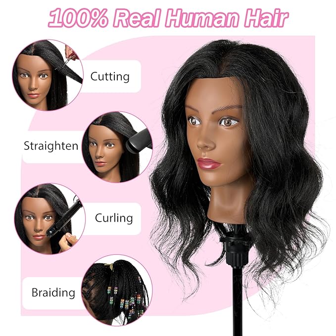 18" Mannequin Head Human Hair with 100% Real Hair Opini Human Hair Mannequin Doll Head for Hairdresser Practice Braiding Hairstyling with Adjustable Tripod Stand and Tools (18 Inch- Tripod Set)