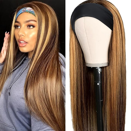 Aiterina Straight Headband Wig Human Hair 4/27 Highlight Headband Wigs for Black Women Machine Made Human Hair Wig 150% Density 4/27 Highlight Wig 16 Inch
