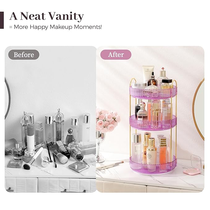 Aveniee Rotating Makeup Organizer for Vanity, Perfume Skincare Organizerss Large, Spinning Bathroom Counter Shelf Holder for Cosmetics, Skin Care, Lipsticks(3 Tiers, Purple)
