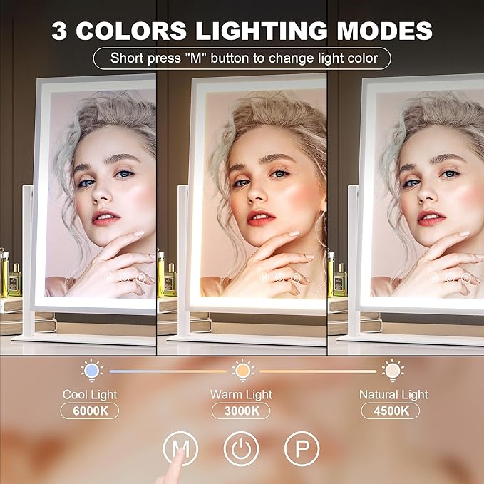 Hasipu Vanity Mirror with Lights, 12" x 14" LED Makeup Mirror, Light up Mirror with Smart Touch 3 Color Modes and Brightness Adjustment, 10X Magnifying Glass,360° Rotation