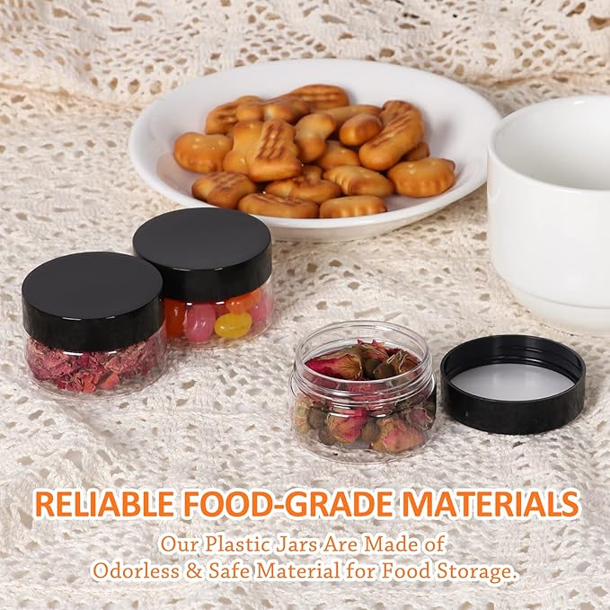 1oz Plastic Containers with Black Screw Lids - Clear Refillable Cosmetic Containers for Liquid and Solid Products (28Pack)