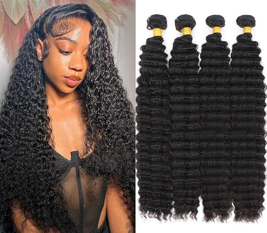 Brazilian Virgin Hair Deep Wave 4 Bundles 12A Brazilian Remy Virgin Deep Curly Human Hair Bundles 100% Unprocessed Virgin Remy Human Hair Weave Bundles Natural Black (16 18 20 22)
