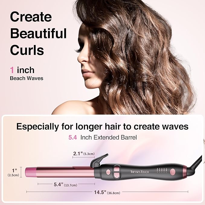 Rotating Curling Iron 1 Inch, Universal Voltage Automatic Curling Iron with Clamp, 5 Heat Settings 360° Rotatable Power Cord, Automatic Reset Function Hair Curler for All Hair (Rose Gold)