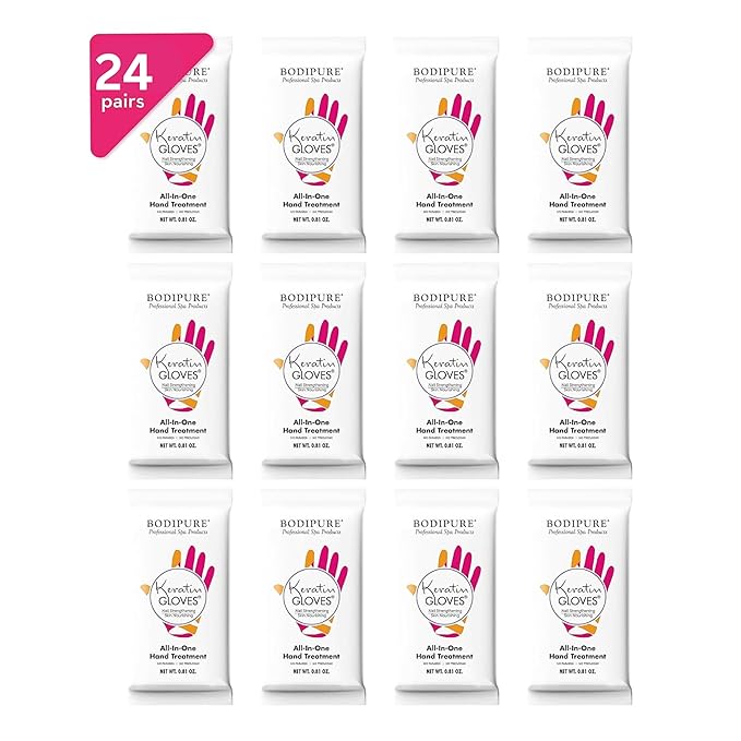 Bodipure All-In-1 Moisturizing Hand Mask | Keratin & Vitamin E Hand Mask for Dry Cracked Hands | Natural Moisturizing Gloves Formula | Strengthen Nails & Repair Hands | 24 Pairs