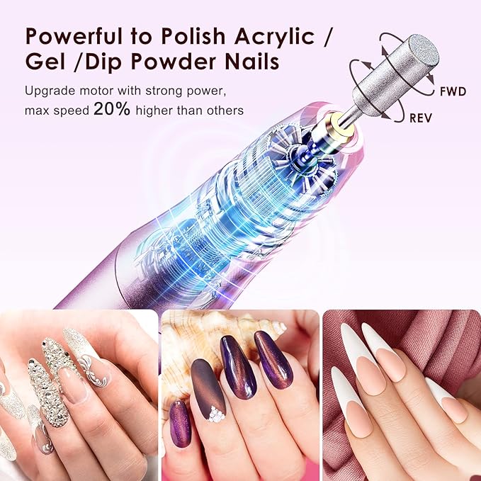 COSLUS Cordless Nail Drill Electric File: Professional for Acrylic Gel Dip Powder Nails Portable Nail Drill Machine Kit for Manicure Pedicure Nail Set with Everything Rechargeable Lightweight