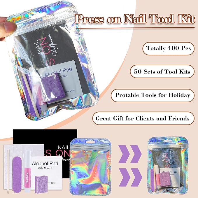 50 Set Press On Nail Tool Prep Kit for Salon Business, Disposable Manicure Kit with Nail File, Buffer, Glue, Prep Pad, Instruction Card, Adhesive Tabs, Wood Stick, Purple Packaging Bag
