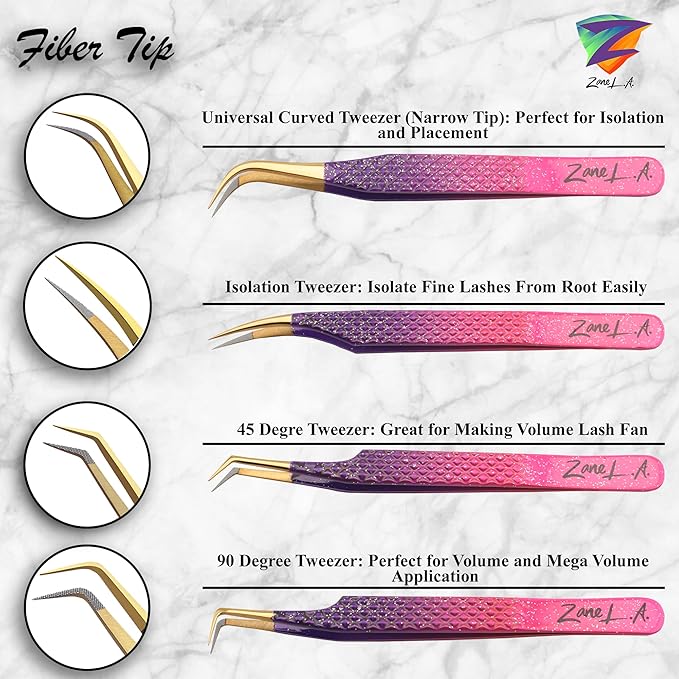 Nano Fiber Tip Professional Eyelash Extension Tweezers, a pack of 4, Quality tweezers made with Japanese Stainless Steel, includes Stylish Half Moon Mirror. (Multi-Color)