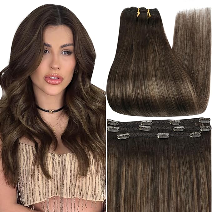 Full Shine 20 Inch Dark Brown Hair Extensions Clip in Human Hair Straight Invisible Clip in Hair Extensions Lace Weft Dark Brown to Ash Brown Mix 2 Brown 3Pcs 60 G