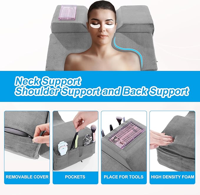 BALAPET Lash Pillows for Eyelash Extensions Ergonomic and Comfortable Velvet Foam Eyelash Pillow for Neck and Back Support Pillow Side Pockets can be Placed Tools,Easy to Graft Eyelashes(Gray)