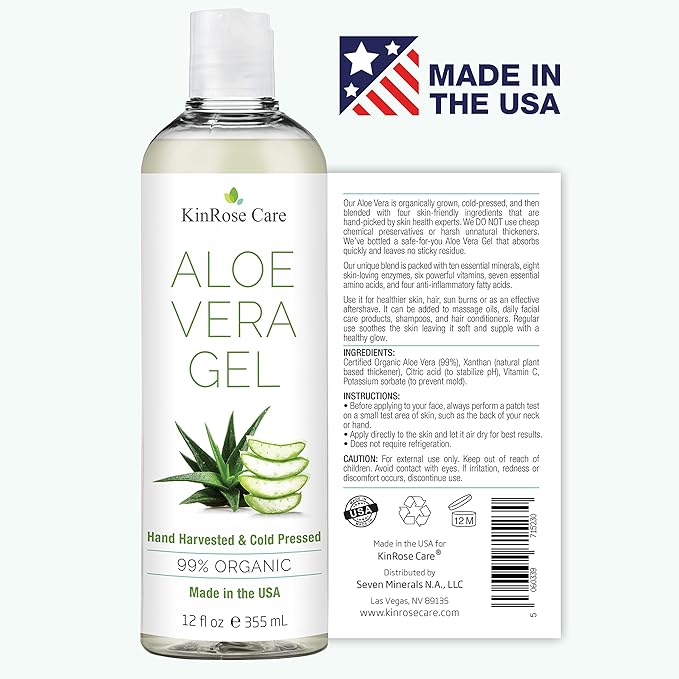 12oz Organic Aloe Vera Gel for Face, Skin, Hair & Sunburn Relief - From 100 Percent Pure Aloe Vera - Cold Pressed, Vegan, Unscented - Made in USA.