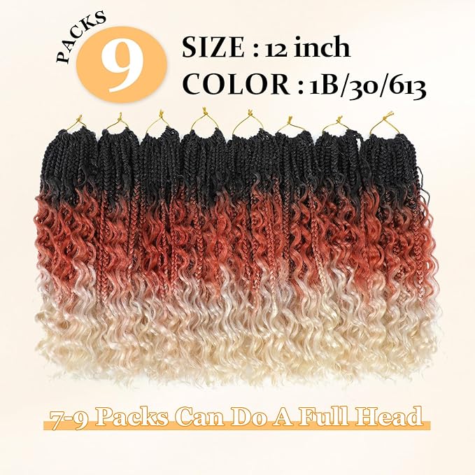 9 Packs Goddess Box Braids Crochet Hair Boho Crochet Box Braids With Curly Ends Crochet Hair For Black Women, 12 Inch Pre Looped Bohemian Crochet Box Braids Hair (12Inch 9 Packs,1B/30/613)