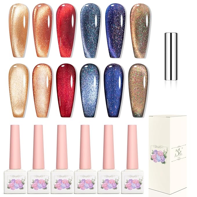 Adhere 6Pcs 12ML Cat Eye Gel Nail Polish Set,Colorful Light Reflective Glitter Cat Eye, Sparkling Diamond Magnetic Amber Shine Color with Magnet Autumn Winter Dark Cat Eye