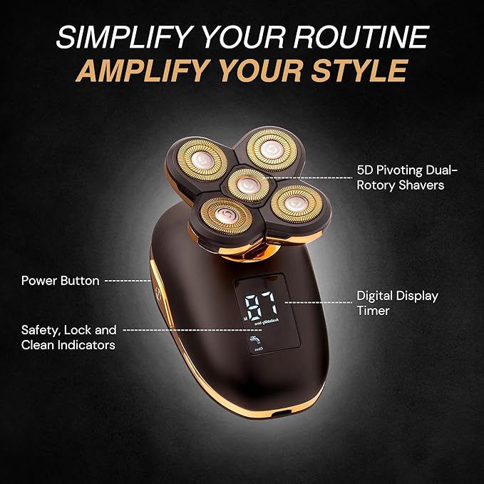 Asani 5 in 1 Electric Razor for Men and Women, USB Rechargeable and Waterproof Cordless Trimmer, Includes Rotating Bald Head Shaver, Nose Hair Trimmer, Beard Shaper, Silicone Brush, & Cleansing Brush