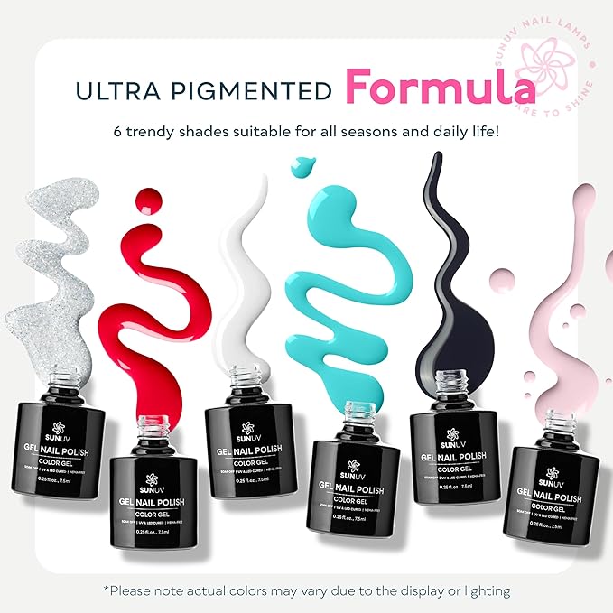 SUNUV Hema Free Gel Nail Polish Kit, 6 Colors Gel Polish Set, White Black Red Pink Silver Glitter, UV Nail Lamp Manicure Art Gift For Women and Girl