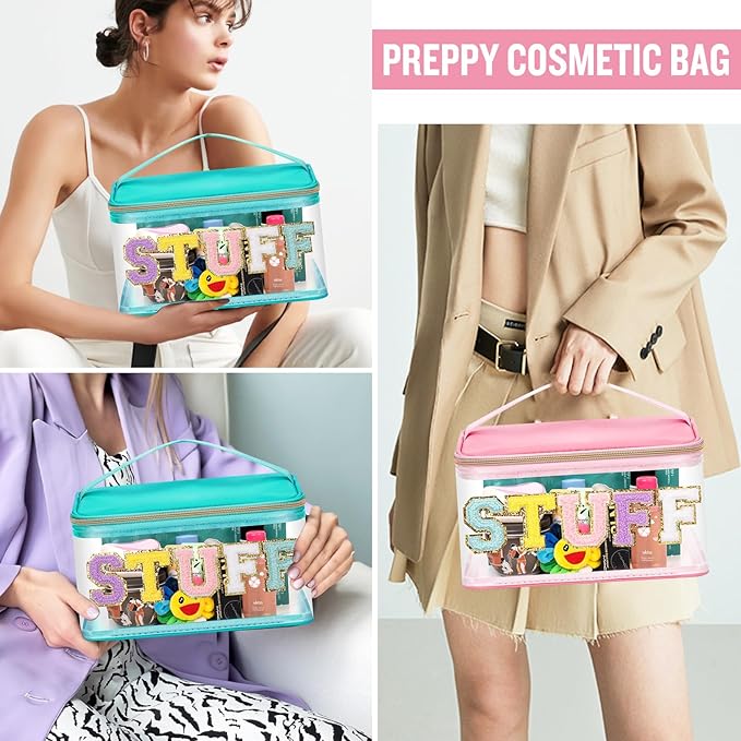 2 Pack Chenille Letter Clear Makeup Bags Stuff Pouch, Preppy Patch Makeup Bag Zipper with Handle, Pink Stuff Bags for Travel Nylon Waterproof Glitter Cosmetic Toiletry Storage for Women(Pink+Green)