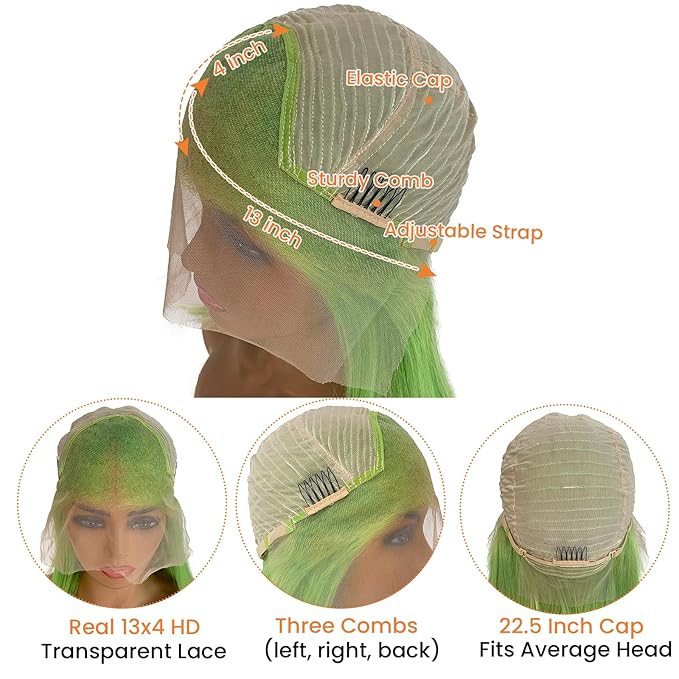 8 Inch Bob Wig Human Hair 13x4 HD Transparent Human Hair Lace Front Wigs Pre Plucked Light Green Short Wigs for Women 180% Density Straight Lime Green Bob Lace Wig with Natural Hairline
