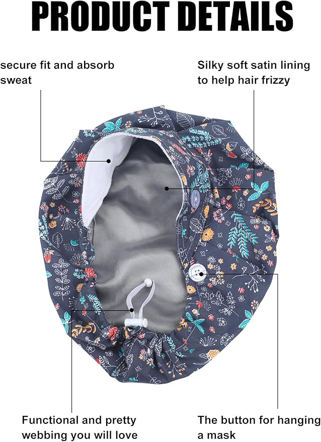 6 Pcs Satin Lined Scrub Caps Women Nurse Surgical Hat with Buttons Ponytail Working Adjustable Pouch Tie Back