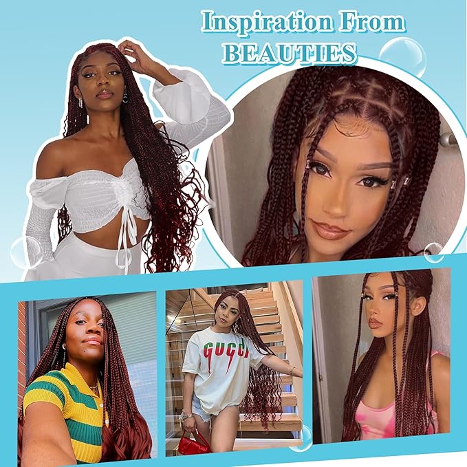 360° HD Full Lace Knotless Braided Wigs for Women Box Braid Wig with Curly End Braided Lace Front Wigs Hair Human Hair Blended Braid Wig with Baby Hair Burgundy 36Inch