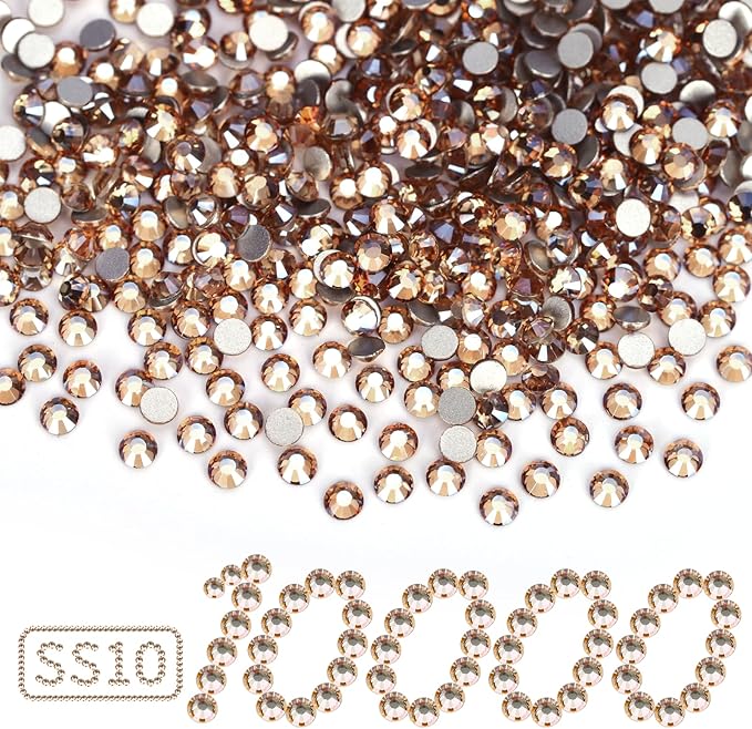 10000PCS Golden Shadow Rhinestones Bulk, Flat Back Crystal Glass Stone Round Gems,SS10, 2.7-2.9mm