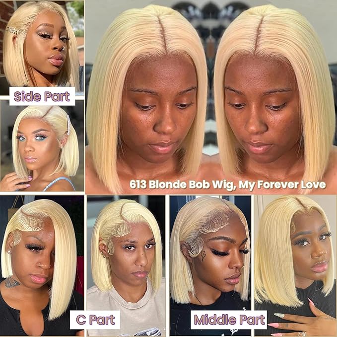613 Blonde Human Hair Bob Wig 13x4 Lace Front for Black Women - Pre Plucked, 12 Inch, HD Lace, 180% Density, Blunt Cut