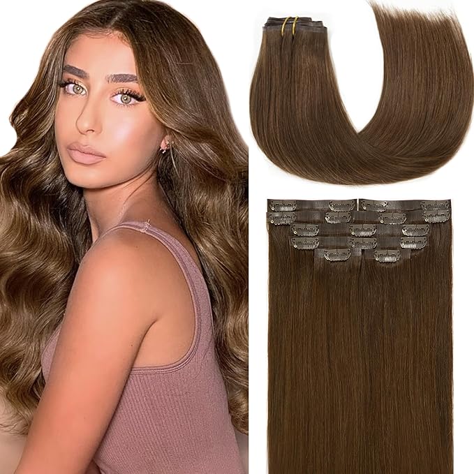 Loxxy Seamless Clip in Hair Extensions Remy Human Hair Chocolate Brown Inviisble PU Hair Extensions Clip in Human Hair Double Weft Silky Straight Thich End #4 7 Pieces 110g 14inch