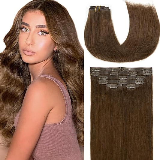 Loxxy Seamless Clip in Hair Extensions Remy Human Hair Chocolate Brown Inviisble PU Hair Extensions Clip in Human Hair Double Weft Silky Straight Thich End #4 7 Pieces 110g 14inch