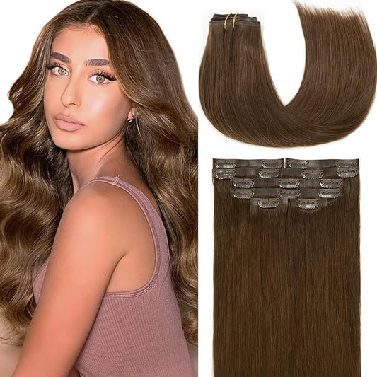 Loxxy Seamless Clip in Human Hair Extensions 100% Brazilian Remy Tape Hair Clip on Extensions Natural Silky Straight Invisible Clip Hair Extensions Full Head Chocolate Brown 7PCS 110gram 22Inch