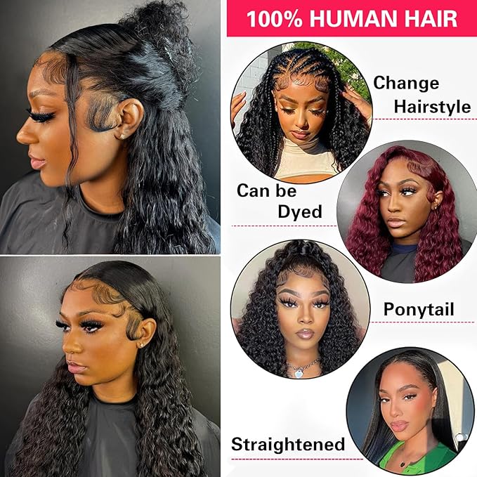 13x6 Deep Wave Lace Front Wigs Human Hair Glueless Wigs Human Hair 180% Density HD Transparent Lace Front Wigs Human Hair Pre Plucked Bleached Knots Curly Lace Front Wig Human Hair 20 Inch