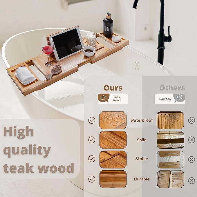 Teak Bathtub Tray, Bathtub Caddy, Expandable Bath Tub Tray Wood, Bath Table Tray&Bathtub Shelf, Luxury Bathtub & Bathroom Accessories and Organizer, House Warming&Wedding Gifts(Large)
