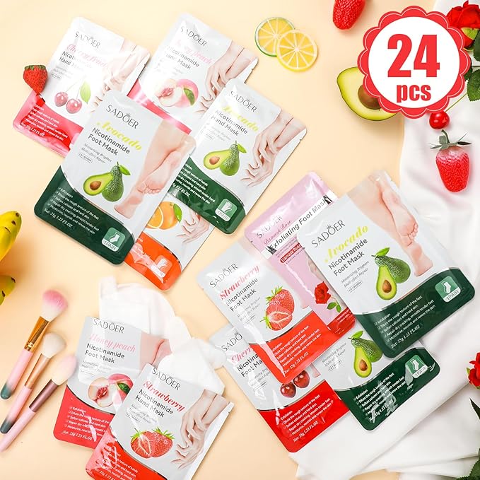 24 Pcs Fruits Beauty Hand Foot Mask Bulk Hydrating Hand Foot Moisturizing Gloves Shea Butter Aloe Mask for Spa Kit Beauty Skincare Gift Beauty Kits for Women