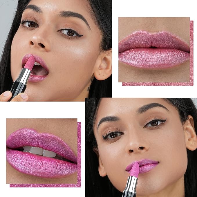 Angicolour 2pcs Glitter Lipstick - Pink, Creamy Moisturizing Formula, Metallic Finish, Full-Coverage, Vegan & Cruelty-Free
