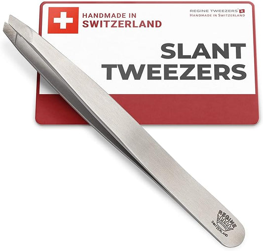 Professional Tweezers Slant Tip - Etched Tip Brow and Eyebrow Tool for Men and Women - Precision Tweezers for Fine Hair, Chin, Lash Extensions - Stainless Steel Handmade Beauty Tool