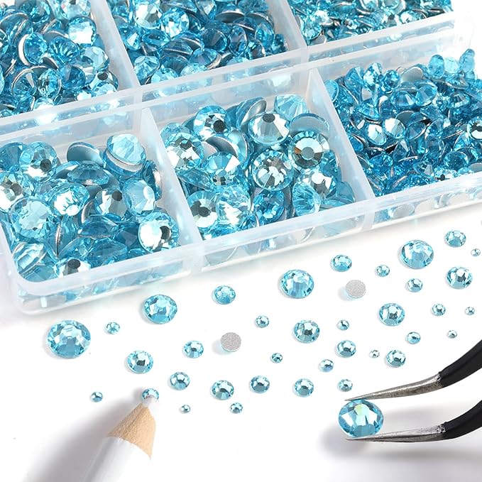 Beadsland 8300PCS Flatback Rhinestones, Blue Rhinestone Round Crystal Rhinestones for Crafts, Mixed 10 Sizes with Wax Pencil and Tweezer Kit, SS3-SS30, Aquamarine