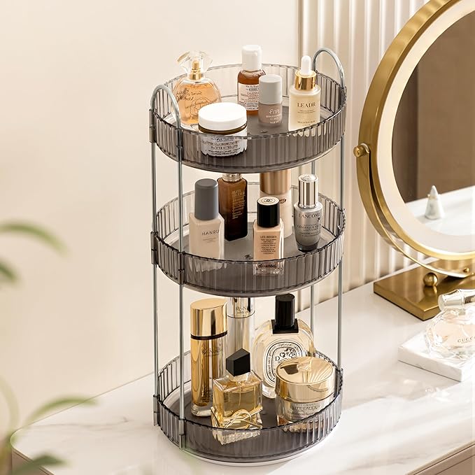 360 Rotating Makeup Organizer Clear Gray 3 Tier Bathroom Organizer Spinning Perfume Organizers, Skincare Organizers Dresser Organizer Makeup Carousel with Silver Handle Cosmetic Brush Storage
