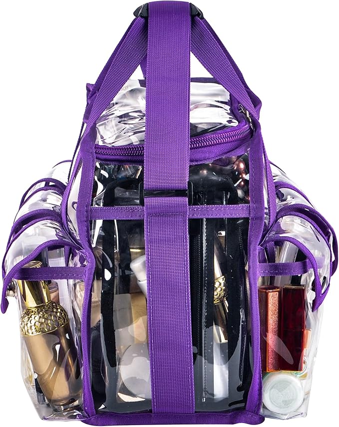 Wide Mouth Large Professional Clear PVC Travel Makeup Artist Set Bag Cosmetic Nails Beauty Bag Transparent Vinyl Tool Organizer Beach Bags Diaper Bags with 6 External Pockets & Strap (Purple)