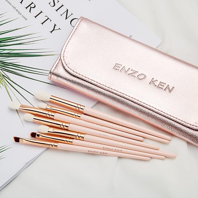 Natural Goat Hair Eye Shadow Brush Set, ENZO KEN Fluffy Blending Eyeshadow Brush Set with Case, Small Nose Contour Brush, Natural Hair Eyeshadow Brushes, Eye Brush, Eyeshadow Blending Brush. Pink,E400