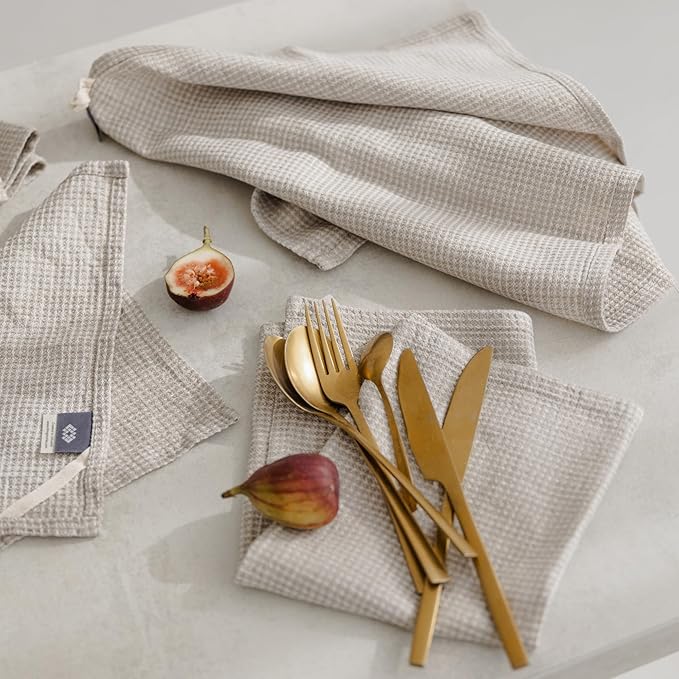 Linen Kitchen Towels - Waffle Towels 16x28-inch - Linen Hand Towels for Bathroom - Set of 2 Dish Towel White-Natural Lightweight Stonewashed Quick-Dry