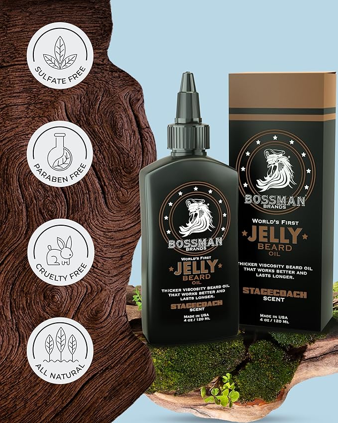 Bossman Jelly Beard Oil for Men (4 oz, Stagecoach Scent) – Softens, Moisturizes & Conditions with Natural Ingredients