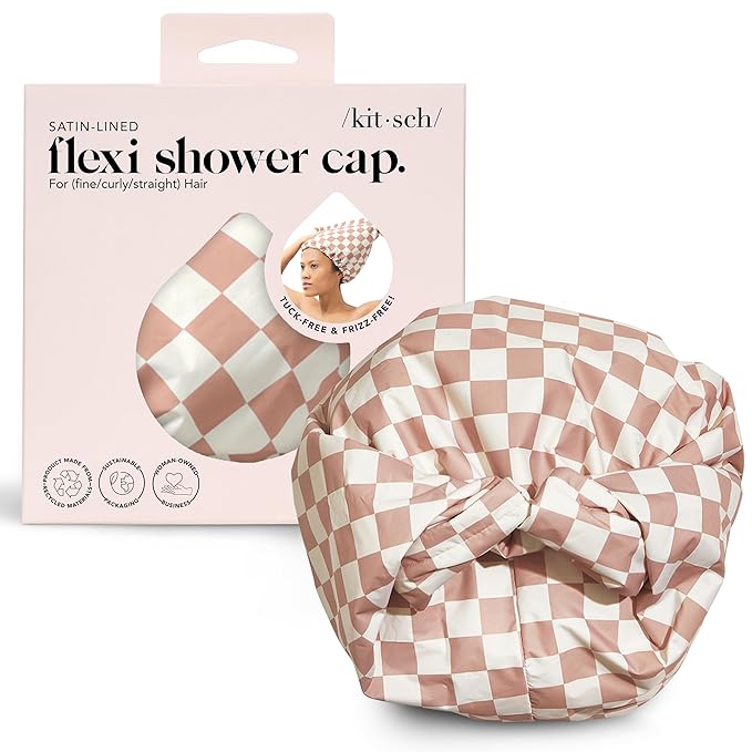 Kitsch Luxury Shower Caps for Women Reusable Waterproof - Flexi Satin Lined, Large Shower Cap for Men, Non-slip, Quick-dry, Adjustable, Stylish Hair Cap for Long & Short Hair - Terracotta Checker