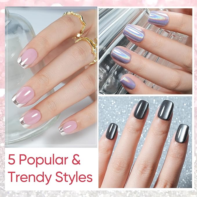 Press on Nails Short 5 Styles, Jofay Fashion 160Pcs Salon-Like Fake Nails with Chrome/Rainbow Laser/Chasing Light Cat Eye Designs, Acrylic French Tip Press on Nails Glue on Nails Stick on Nails