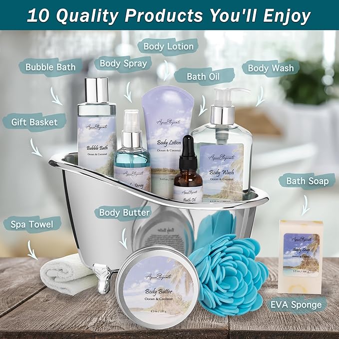 Spa Gift Baskets For Women - Luxury Bath Set With Ocean & Coconut - Spa Kit Includes Body Wash, Bubble Bath, Lotion, Body Butter, Soap, Bath Oil, Shower Puff, and Towel